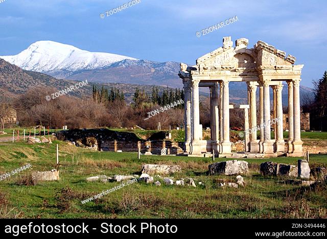 Old ruins and mountain with snow in Aphrodisias, Turkey