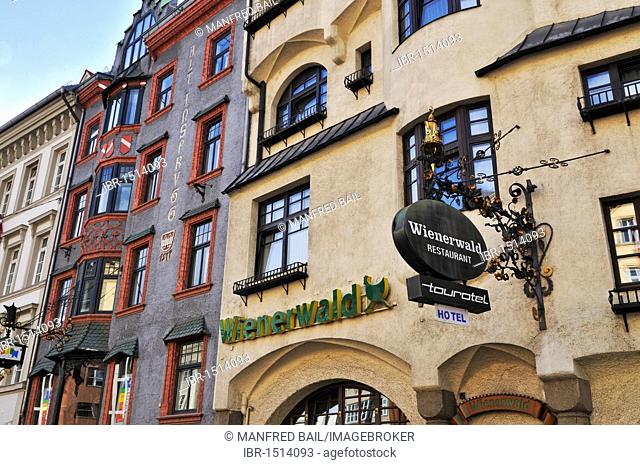 Facades and the 'Wienerwald' restaurant in the Herzog-Friedrich-Street, Innsbruck, Tyrol, Austria, Europe