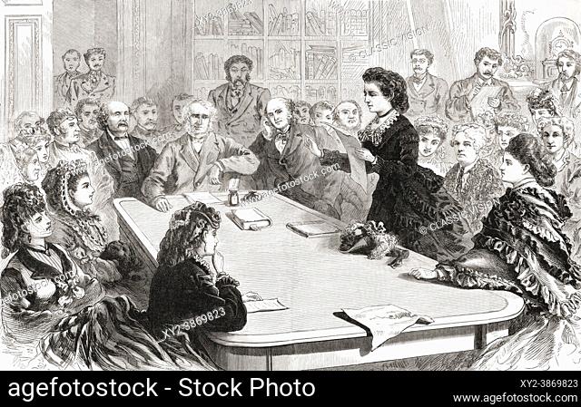 In January 1871, Victoria Claflin Woodhull, 1838 - 1927, a delegate of the American suffrage movement presenting her argument for womenâ