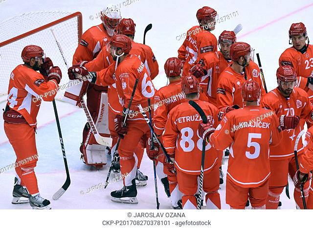 Players of Ocelari Trinec celebrate after the winning the Group D match of the Champions Hockey League Ocelari Trinec of Czech Republic vs Mannheim of Germany...