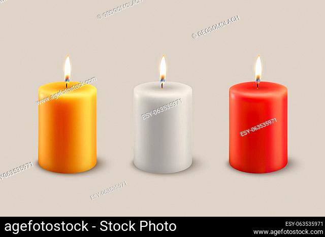 Vector 3d Realistic Yellow, Orange, White and Red Paraffin or Wide Wax Burning Party, Spa Candle with Flame of a Candle Icon Set Isolated