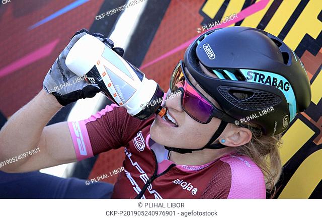 Czech Karla Stepanova drinks after the women elite Cross Country Mountain Bike World Cup event in Nove Mesto na Morave, Czech Republic, May 24, 2019