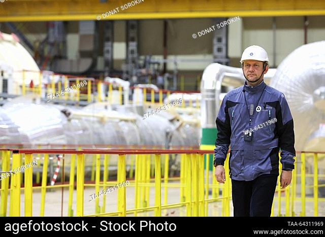 RUSSIA, SVERDLOVSK REGION - NOVEMBER 2, 2023: A worker walks in a turbine hall at the Beloyarsk Nuclear Power Station named after Kurchatov in the town of...