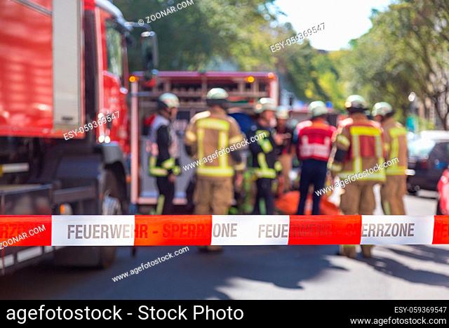 Berlin, Germany - Sept 19: Big coordinated intervention of paramedics, police, and firefighters when chemical accident happened in school in Kreuzberg on 19th...