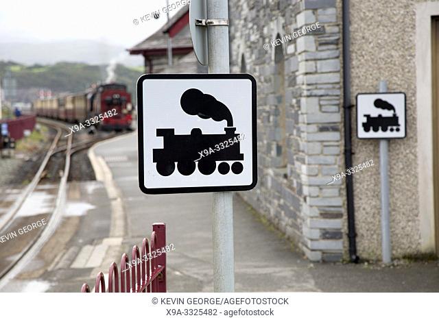 Ffestiniog and Welsh Highland Railways Sign, Porthmadog, Wales, UK