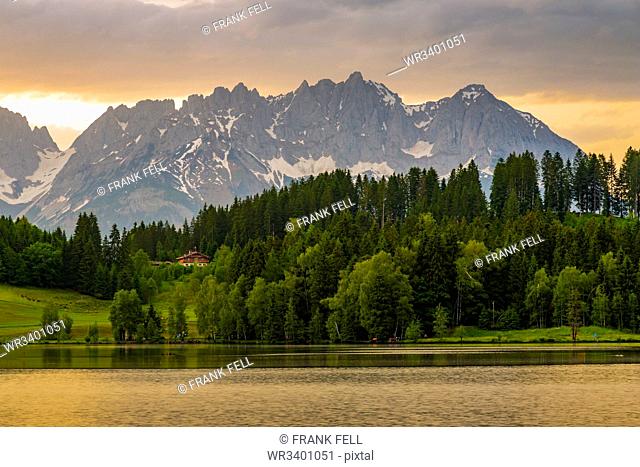 View of the Wilder Kaiser Mountain Range from Schwarzsee near Kitzbuhel, Tyrol, Austria, Europe