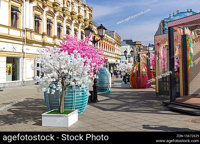 Moscow, Russia - April 10, 2018: Easter Festival in Moscow (held as part of the Moscow Seasons program). Holiday decorations on the street Kuznetsky Most