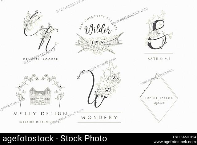 Vector set of line design elements for floral logos, monograms and frames and border. Decorated with detailed delicate flowers and brunches