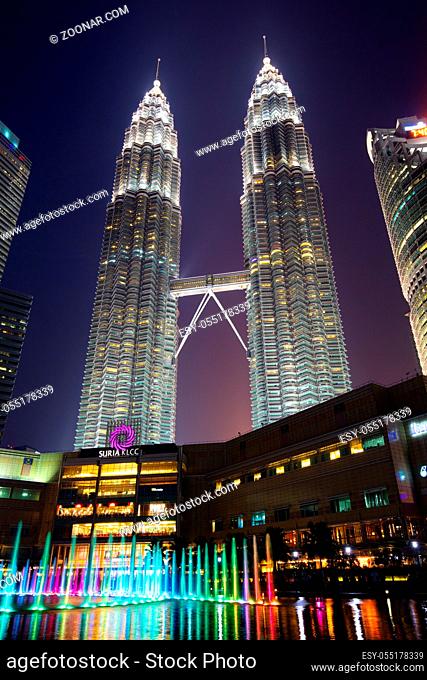 Kuala Lumpur, Malaysia - September 10 2019: The Kuala Lumpur skyline featuring the Petronas Twin Towers and water show in Malaysia