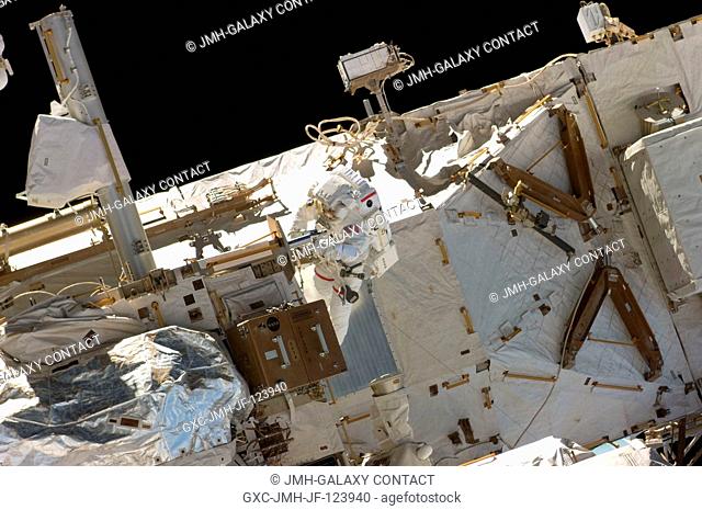NASA astronaut Steve Bowen, STS-132 mission specialist, participates in the mission's first session of extravehicular activity (EVA) as construction and...
