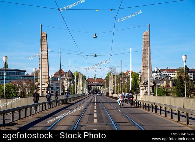 Bern, Switzerland - April 13, 2017: View of Kornhaus Bridge in the historic city centre of Berne