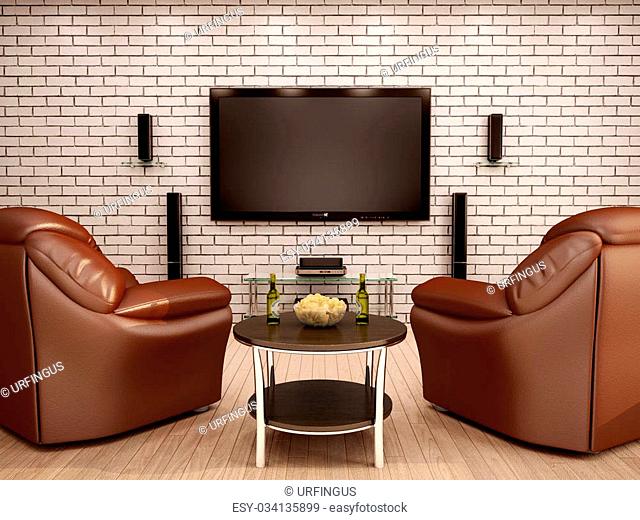 3d illustration of home theater leather chairs table with chips and beer