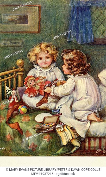 Two sisters in bed opening their Christmas presents. Artist: Ada Leonora Bowley