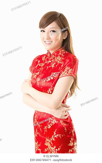 Attractive Chinese woman dress traditional cheongsam, closeup portrait on white background