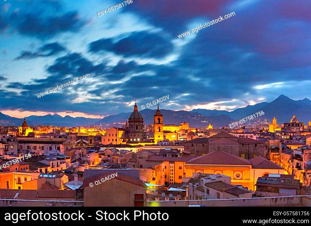 Aerial view of Palermo with Church of the Gesu, Carmine church and Palermo cathedral at sunset, Sicily, Italy