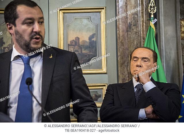 Leader of Lega party Matteo Salvini and leader of Forza Italia party Silvio Berlusconi address the media after a meeting with Senate Speaker Casellati for a...