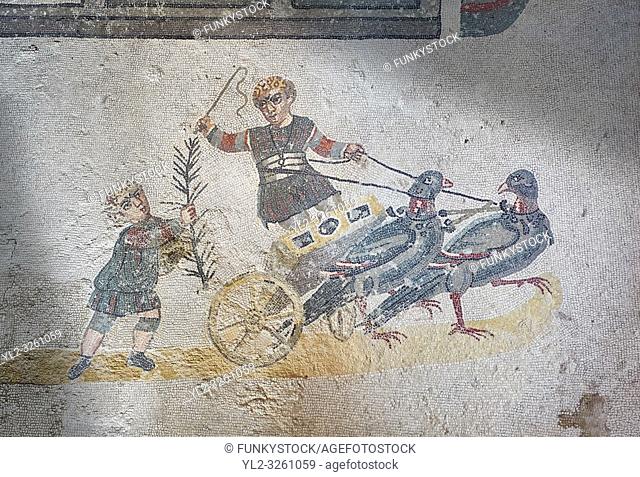 Close up picture of the Roman mosaics of the room of the Small Circus depicting Roman boys riding small chariots pulled by pigeons in a small circus