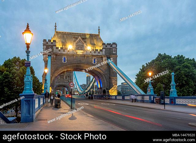 Tower Bridge, evening, illuminated, London, Great Britain