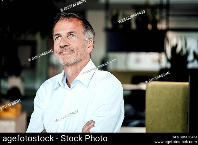 Smiling senior businessman with gray eyes looking away in office