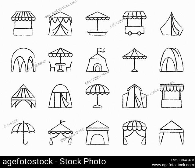 Tent charcoal icons set. Grunge outline sign kit of umbrella. Circus linear icon collection includes marquee, pavilion, fair