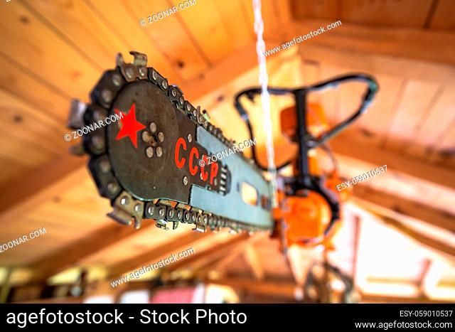 Soviet made chainsaw blade with USSR or CCCP and red star sign, historic soviet gear