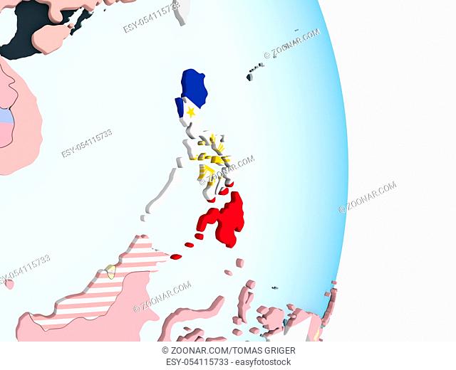 Philippines on bright political globe with embedded flag. 3D illustration