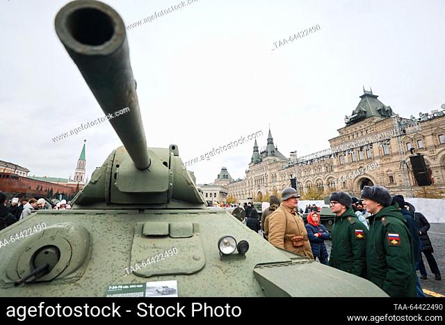 RUSSIA, MOSCOW - NOVEMBER 5, 2023: A T-34 tank is on display at in an open-air museum in Red Square; the museum opened to mark the 82th anniversary of the...