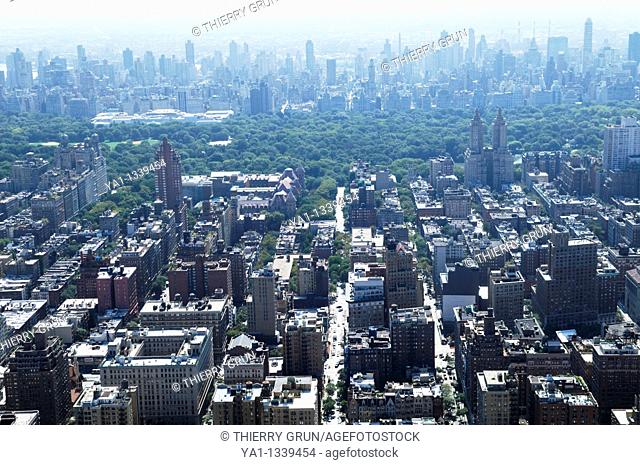Aerial view of Upper West/East side during heatwave in hot summer, Manhattan, New York city, USA