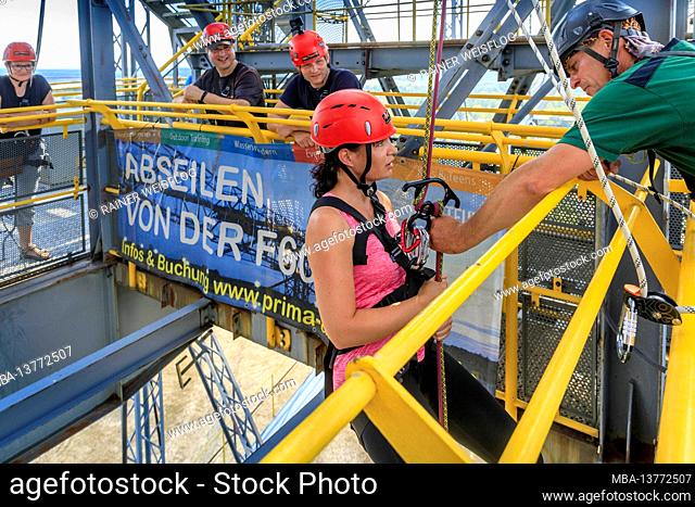 Test of courage at lofty heights, abseiling from 60 meters from the conveyor bridge F60
