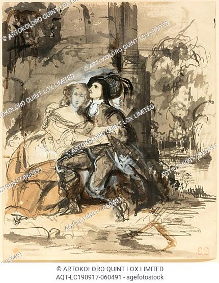 Eugène Delacroix, French, 1798-1863, Ravenswood and Lucy at the Mermaiden's Fountain, c. 1829, Black, brown, and grey washes