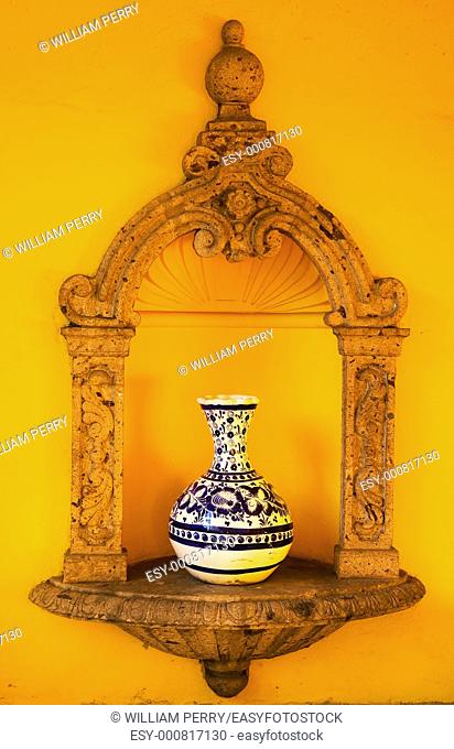 Yellow Adobe Wall, Blue White Mexican Vase, Guadalajara Mexico