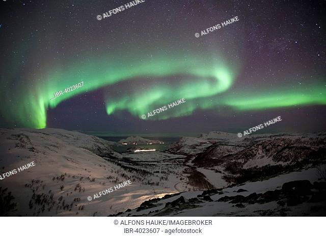 Northern lights over Kaldfjorden, Kvaloya, Mikkelvik, Troms, Norway