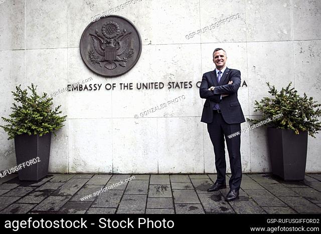Rufus Gifford, United States Ambassador to Denmark, portrayed outside Embassy of the United States, Copenhagen