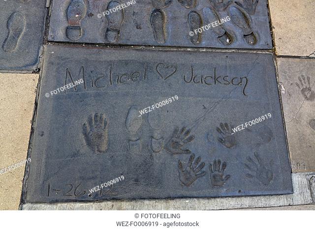 USA, California, Los Angeles, Hollywood, Hollywood Boulevard, Walk of Fame, Hand and shoeprints of Michael Jackson