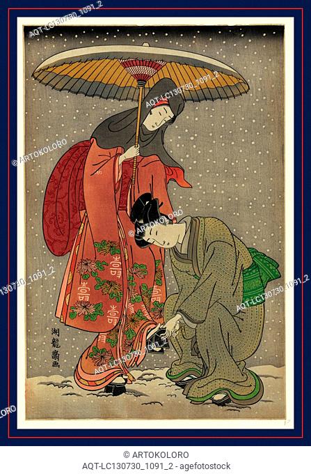 Geta no yukitori, Removing snow from one's clogs., Isoda, Koryusai, active 1764-1788, artist, [1776, printed later], 1 print : woodcut, color