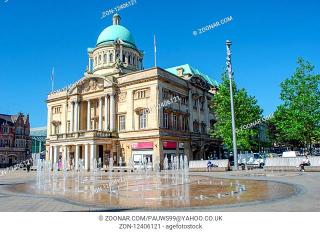 Hull Yorkshire UK - 27 June 2018: Hull City Hall with fountain in Foreground