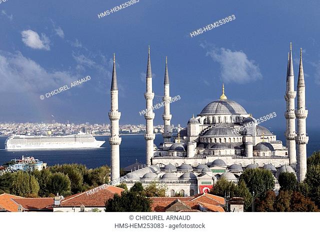 Turkey, Istanbul, Sultanahmet District, listed as World Heritage by UNESCO, the Sultan Ahmet Camii Blue Mosque and the Bosphorus strait