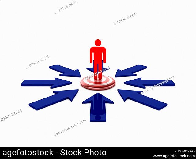 Business concept, blue arrows shows red social man on target, isolated on white background