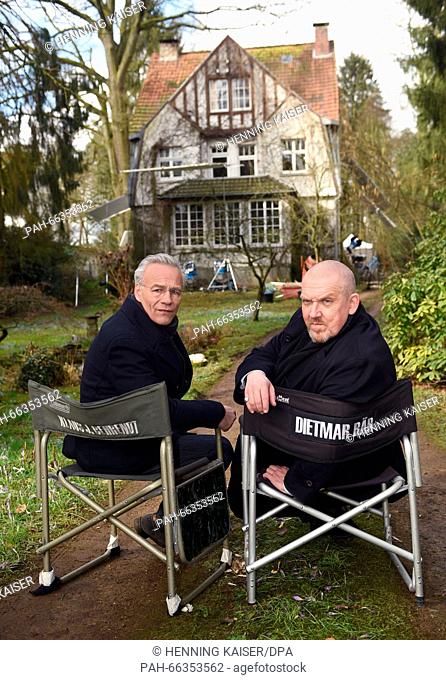 Actors Klaus J. Behrendt (l) and Dietmar Baer (r) pose at a photo call during filming of the episode Tatort Koeln: Durchgedreht, in Bergisch-Gladbach, Germany
