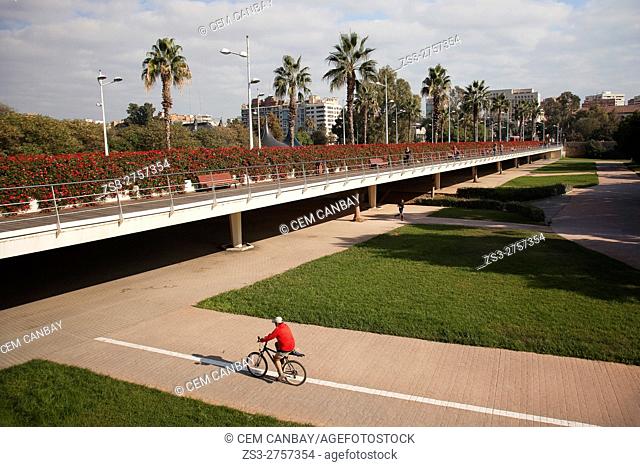 View to the Puente de las Flores in the city center with a cyclist in the foreground, Valencia, Spain, Europe