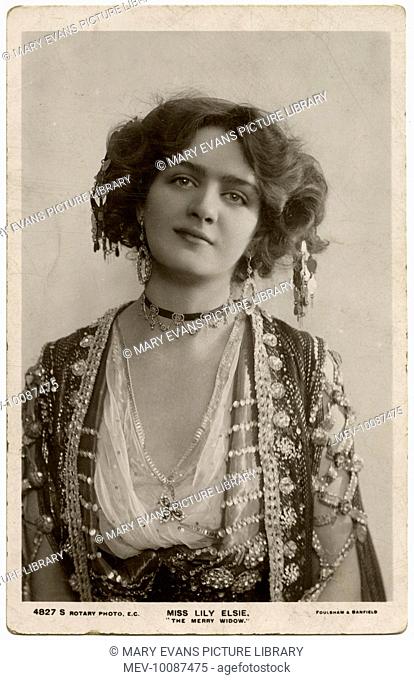 Lily Elsie (1886 - 1962), Popular Edwardian actress and singer wearing a jewelled costume in Lehar's 'The Merry Widow'