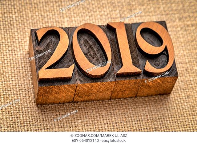 2019 year number abstract in vintage letterpress wood type against burlap canvas