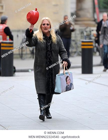 Vanessa Feltz arriving at the BBC Radio 1 studios prepared for the 2015 Solar Eclipse, carrying a red colander Featuring: Vanessa Feltz Where: London