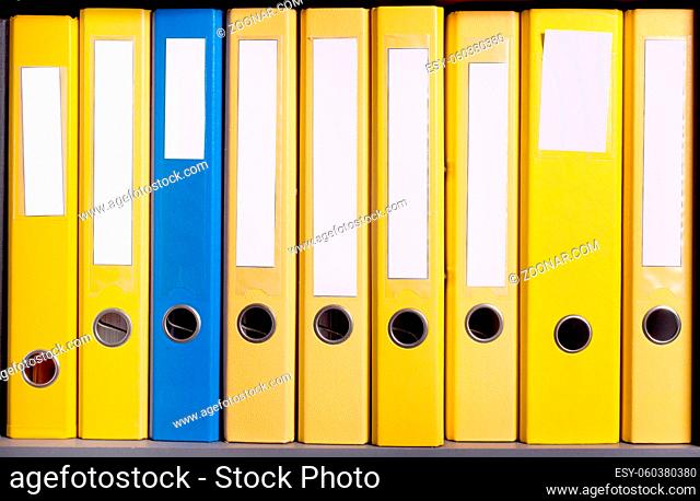 Business folders abreast in case at office
