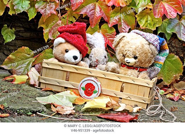 Little Red Panda, Bunny and Vintage Bear in the dogcart  Two teddy ebars and the small rabbit in the wagon on a nice autumn afternoon  Vintage Bear is an old...