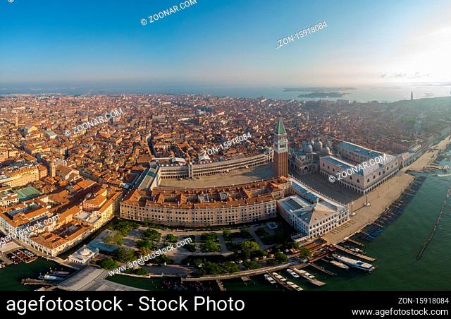 Venice from above with drone, Aerial drone photo of iconic and unique Saint Mark's square or Piazza San Marco featuring Doge's Palace, Basilica and Campanile