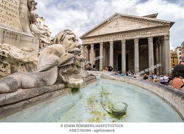 Rome, Italy- Close up of a fountain outside of the Roman Pantheon, the most preserved building from Ancient Rome. It was built between AD 118 and 125 by Emperor...