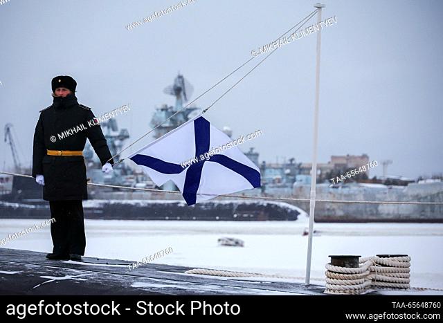 RUSSIA, ARKHANGELSK REGION - DECEMBER 11, 2023: A flag raising ceremony is held on the Russian nuclear-powered submarine Imperator Aleksandr III at the Sevmash...