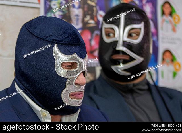 MEXICO CITY, MEXICO - JULY 14: Wrestlers Blue Demon Jr and Rayo de Jalisco during a Press Conference to promote a wrestling event at the Lopez Mateos Arena to...