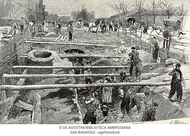The building site of the tunnel in Denfert-Rochereau street during the works to extend the railway line Ligne de Sceaux (The Sceaux Line), Paris, France